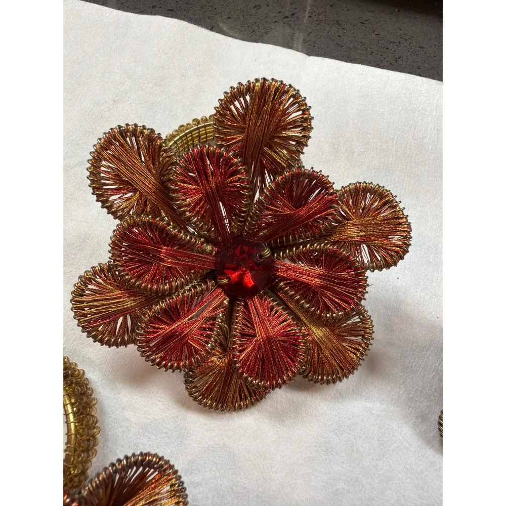 Vintage Ganutell Flower Napkin‎ Rings Set of 4 - Handmade Gold Red Wire Silk Art